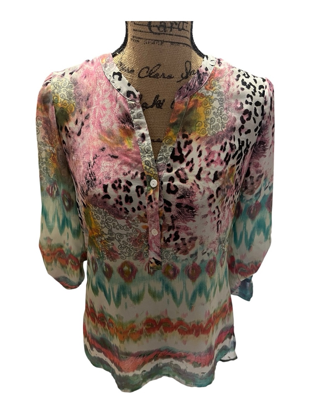 Mushka Brand Printed V-Neck Tunic in Pink Multi-Pattern